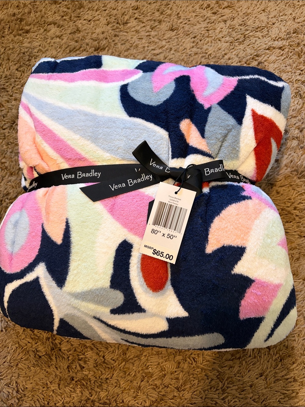 Vera Bradley Navy Multi Floral Plush Throw with Pink & Coral Accents